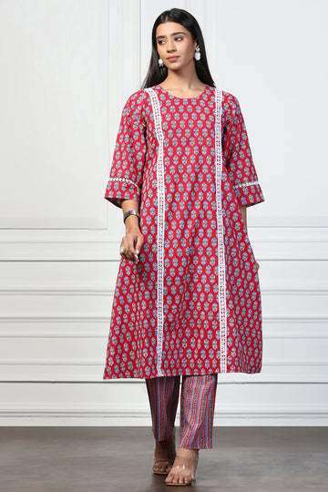 Womens Red Cotton Floral Printed Calf Length Kurta With Pant Set