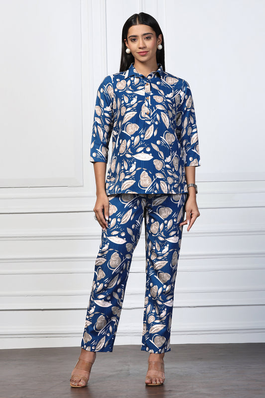 Womens Navy Blue Cotton Blend Abstract Printed Top With Trouser Set