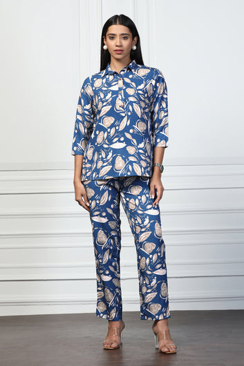 Womens Navy Blue Cotton Blend Abstract Printed Top With Trouser Set