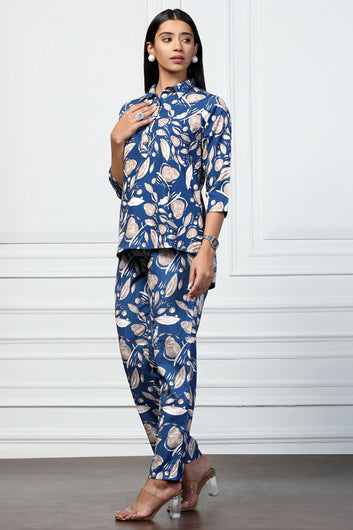 Womens Navy Blue Cotton Blend Abstract Printed Top With Trouser Set