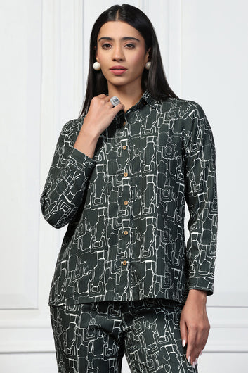 Womens Bottle Green Cotton Blend Abstract Printed Top With Trouser Set