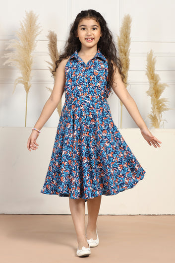 Girls Blue Viscose Rayon Blend Floral Printed Fit & Flare Shirt Style Mini Length Dress