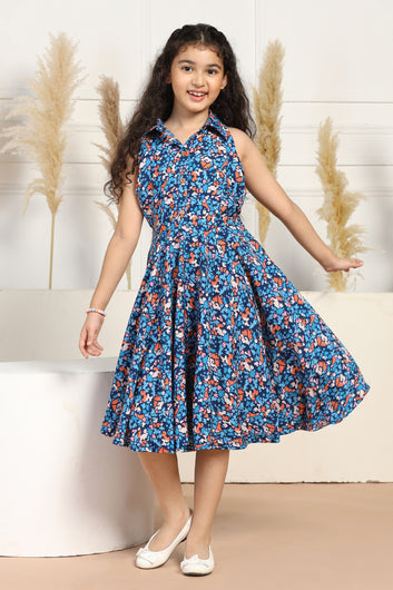 Girls Blue Viscose Rayon Blend Floral Printed Fit & Flare Shirt Style Mini Length Dress