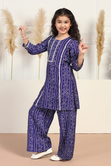 Girls Blue Cotton Blend Printed Straight Kurta With Pant Set