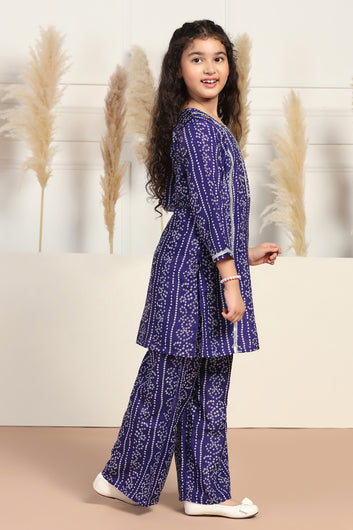 Girls Blue Cotton Blend Printed Straight Kurta With Pant Set