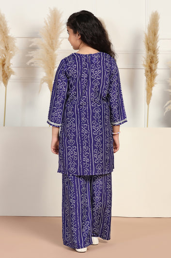 Girls Blue Cotton Blend Printed Straight Kurta With Pant Set