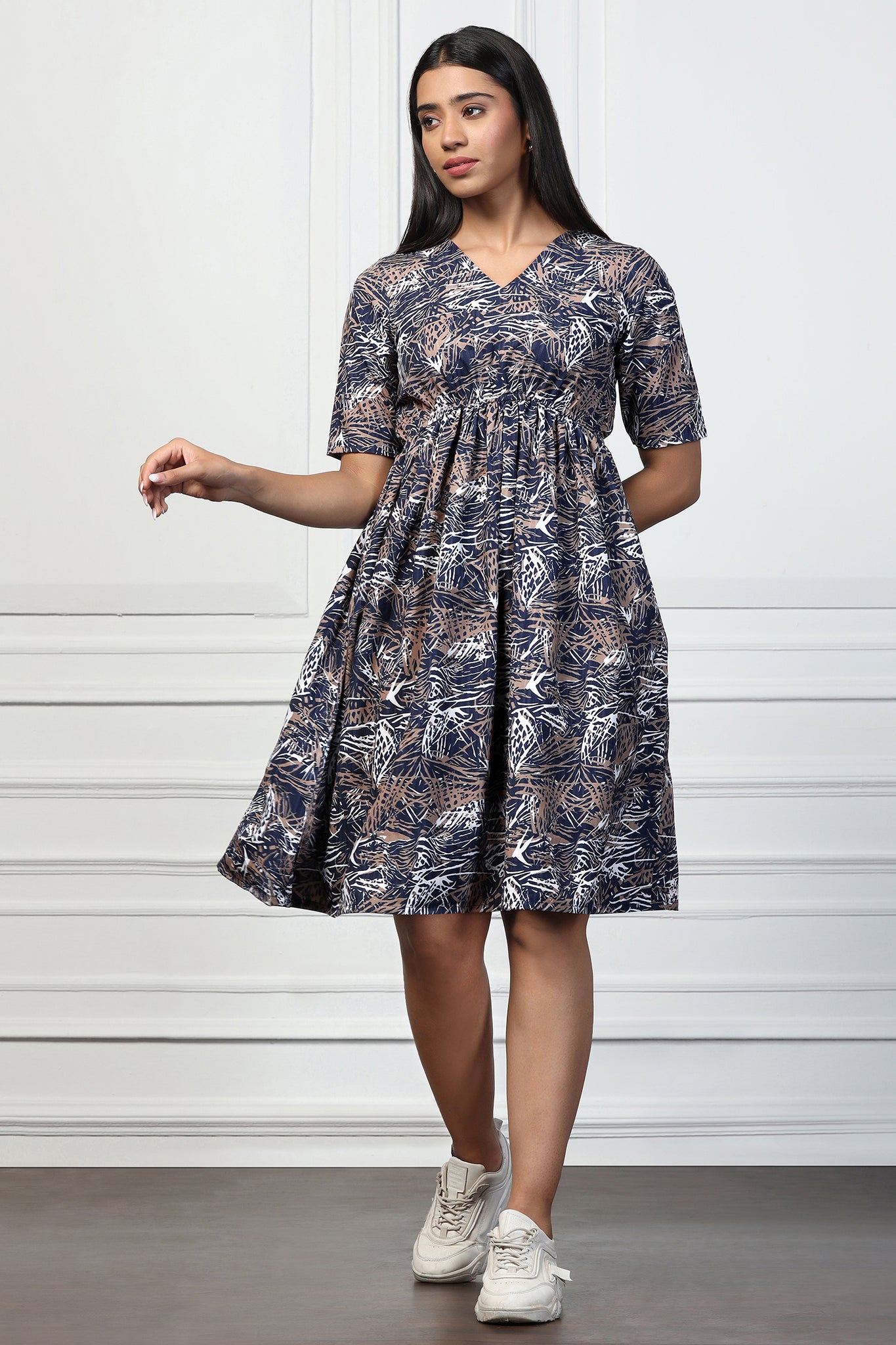 Womens Navy Blue Shukrana Abstract Printed Knee Length Dress