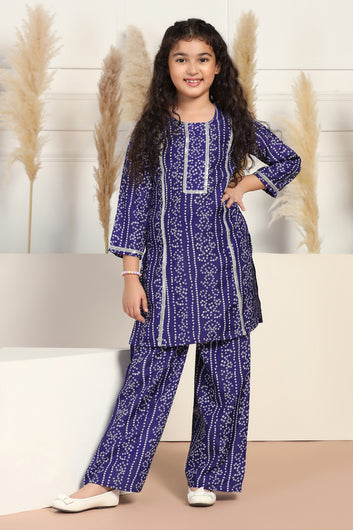 Girls Blue Cotton Blend Printed Straight Kurta With Pant Set