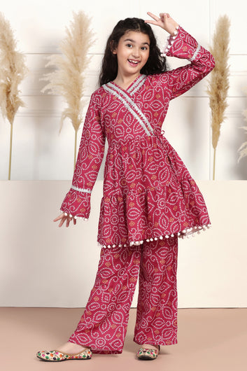 Girls Maroon Muslin Bandhni Printed Peplum Style Kurta With Trouser Set