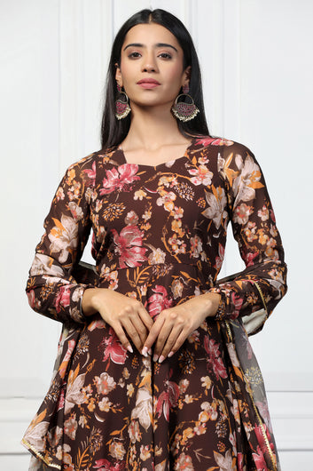 Womens Brown Georgette Floral Printed Flared Maxi Length Dress With Dupatta