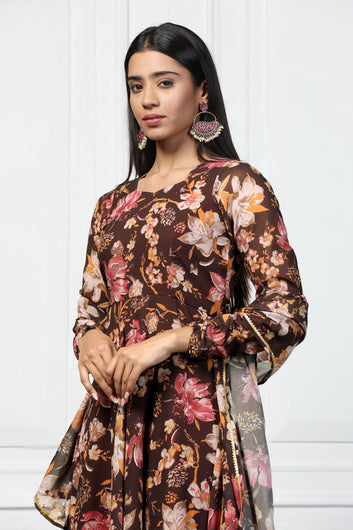 Womens Brown Georgette Floral Printed Flared Maxi Length Dress With Dupatta