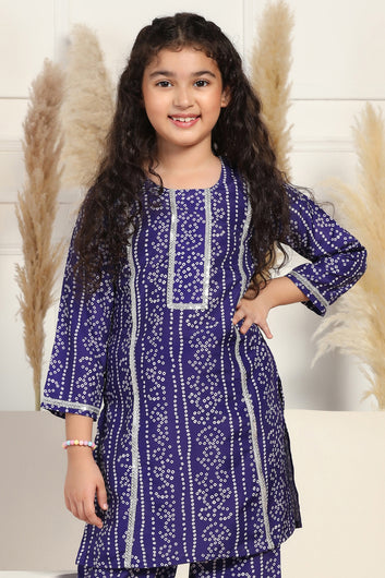 Girls Blue Cotton Blend Printed Straight Kurta With Pant Set