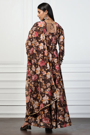 Womens Brown Georgette Floral Printed Flared Maxi Length Dress With Dupatta