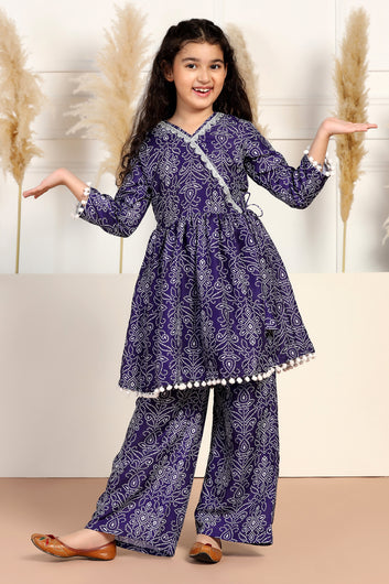 Girls Dark Blue Cotton Blend Printed Peplum Style Kurta With Sharara Set