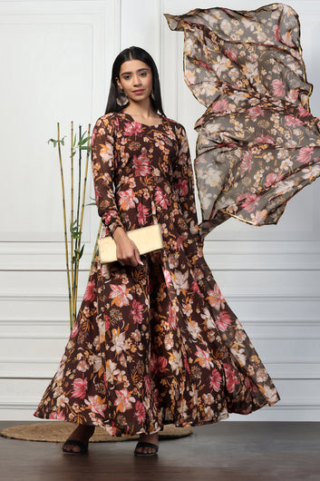 Womens Brown Georgette Floral Printed Flared Maxi Length Dress With Dupatta