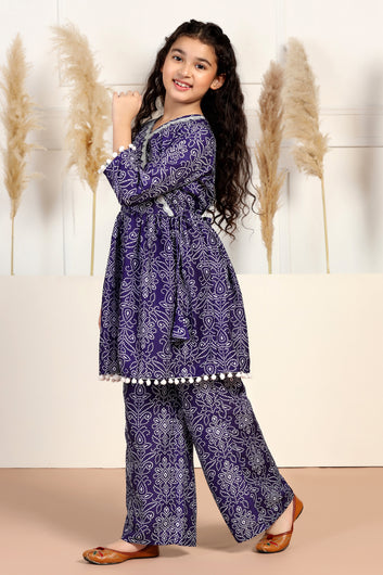 Girls Dark Blue Cotton Blend Printed Peplum Style Kurta With Sharara Set