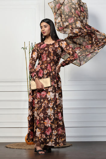 Womens Brown Georgette Floral Printed Flared Maxi Length Dress With Dupatta