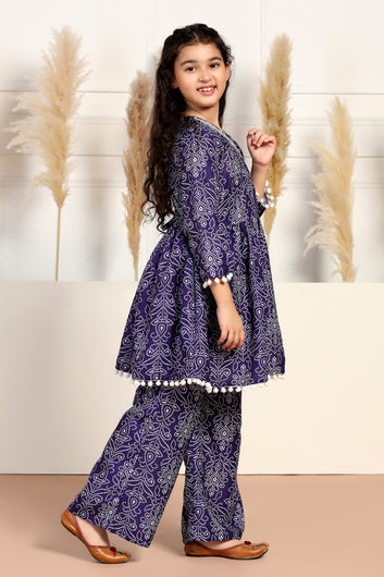 Girls Dark Blue Cotton Blend Printed Peplum Style Kurta With Sharara Set