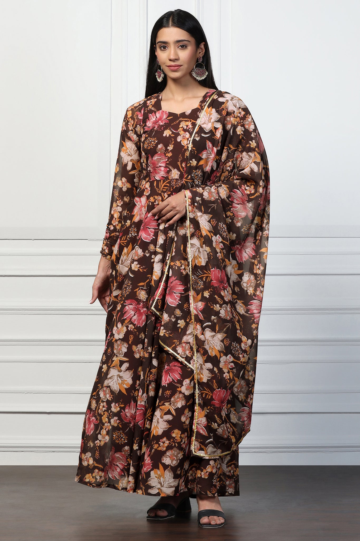 Womens Brown Georgette Floral Printed Flared Maxi Length Dress With Dupatta