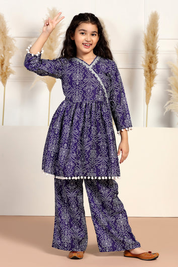 Girls Dark Blue Cotton Blend Printed Peplum Style Kurta With Sharara Set