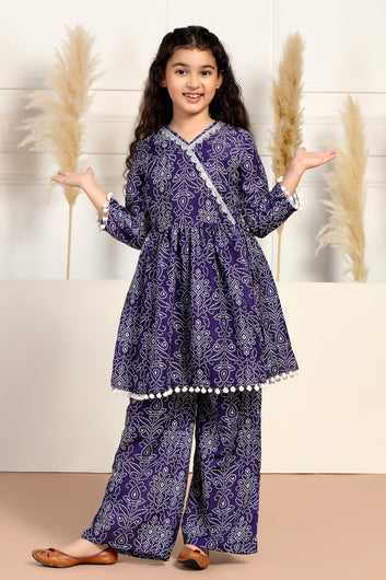 Girls Dark Blue Cotton Blend Printed Peplum Style Kurta With Sharara Set