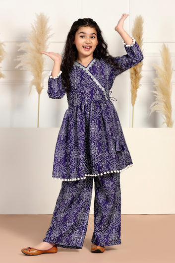 Girls Dark Blue Cotton Blend Printed Peplum Style Kurta With Sharara Set