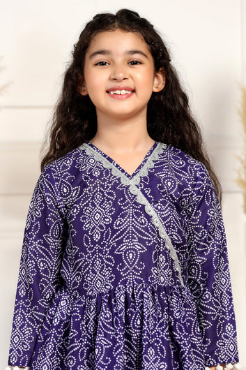 Girls Dark Blue Cotton Blend Printed Peplum Style Kurta With Sharara Set