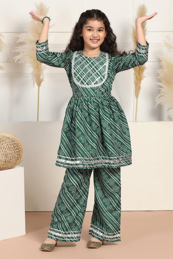 Girls Green Cotton Blend Printed Peplum Style Kurta With Trouser Set