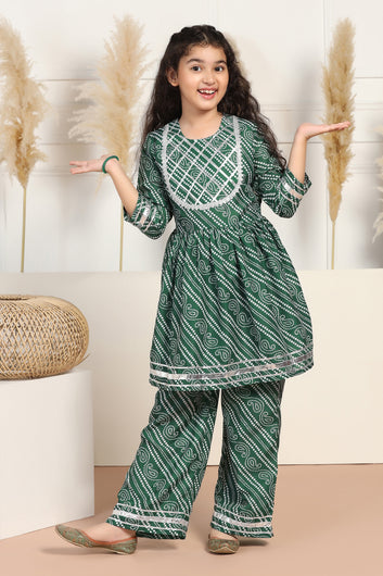 Girls Green Cotton Blend Printed Peplum Style Kurta With Trouser Set