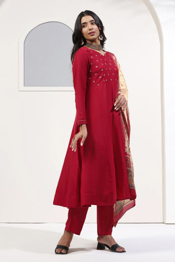 Womens Maroon Cotton Blend A line Emboidered Kurta And Pant With Dupatta Set