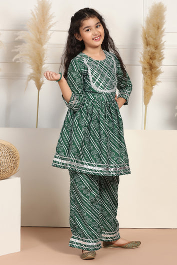 Girls Green Cotton Blend Printed Peplum Style Kurta With Trouser Set