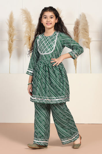 Girls Green Cotton Blend Printed Peplum Style Kurta With Trouser Set