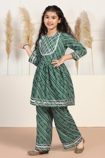 Girls Green Cotton Blend Printed Peplum Style Kurta With Trouser Set