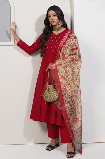 Womens Maroon Cotton Blend A line Emboidered Kurta And Pant With Dupatta Set