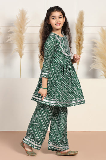 Girls Green Cotton Blend Printed Peplum Style Kurta With Trouser Set