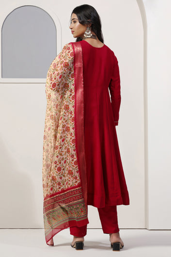 Womens Maroon Cotton Blend A line Emboidered Kurta And Pant With Dupatta Set