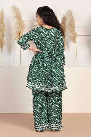 Girls Green Cotton Blend Printed Peplum Style Kurta With Trouser Set