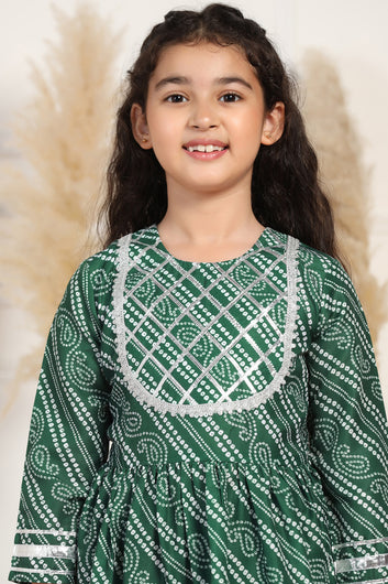 Girls Green Cotton Blend Printed Peplum Style Kurta With Trouser Set