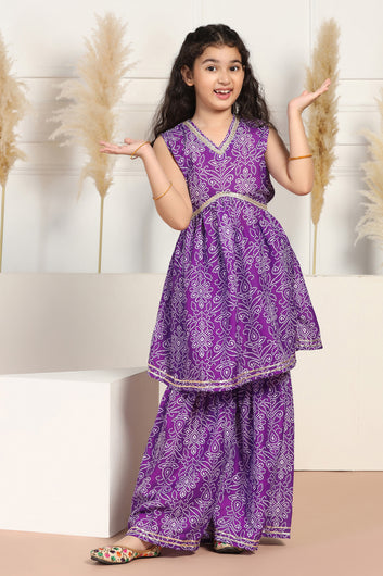 Girls Purple Cotton Blend Bandhni Printed Kurta With Sharara Set