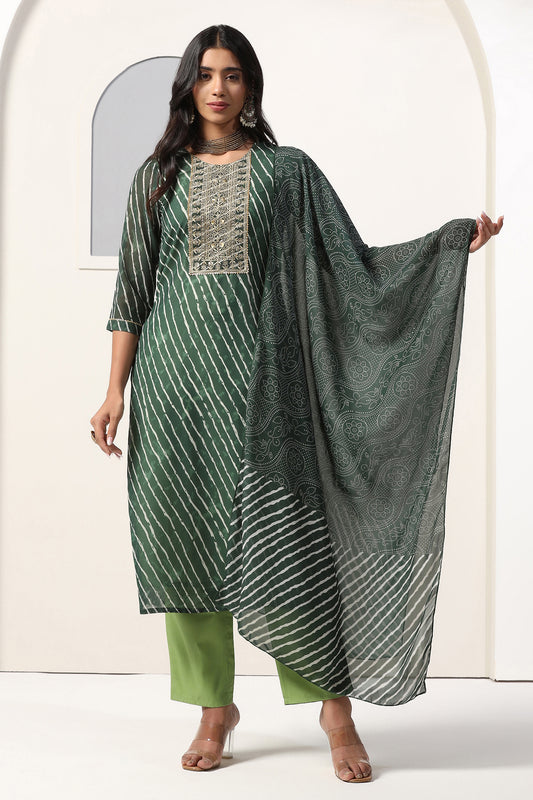 Womens Green Georgette Straight Leheriya Printed Kurta And Pant With Dupatta Set