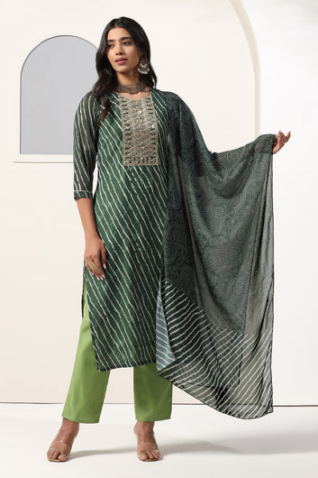 Womens Green Georgette Straight Leheriya Printed Kurta And Pant With Dupatta Set