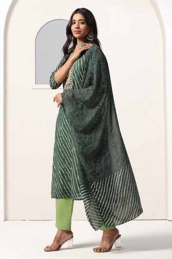 Womens Green Georgette Straight Leheriya Printed Kurta And Pant With Dupatta Set