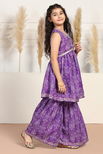 Girls Purple Cotton Blend Bandhni Printed Kurta With Sharara Set