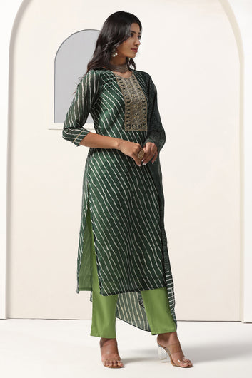 Womens Green Georgette Straight Leheriya Printed Kurta And Pant With Dupatta Set