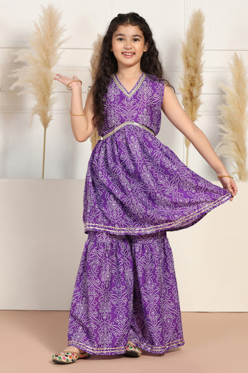 Girls Purple Cotton Blend Bandhni Printed Kurta With Sharara Set