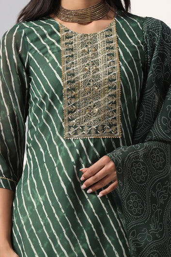 Womens Green Georgette Straight Leheriya Printed Kurta And Pant With Dupatta Set