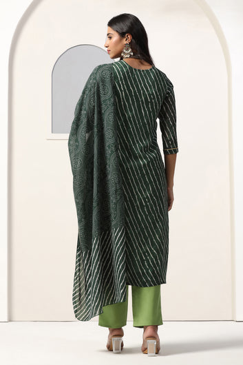 Womens Green Georgette Straight Leheriya Printed Kurta And Pant With Dupatta Set