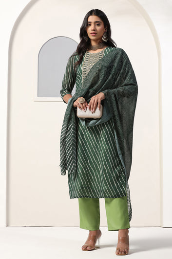 Womens Green Georgette Straight Leheriya Printed Kurta And Pant With Dupatta Set