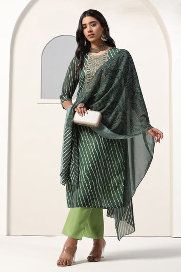 Womens Green Georgette Straight Leheriya Printed Kurta And Pant With Dupatta Set