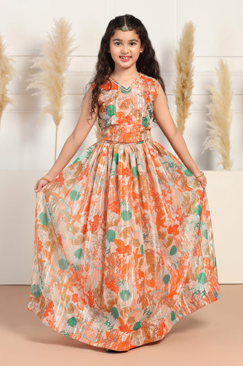 Girls Orange Georgette Floral Printed Readymade Lehenga With Choli Set